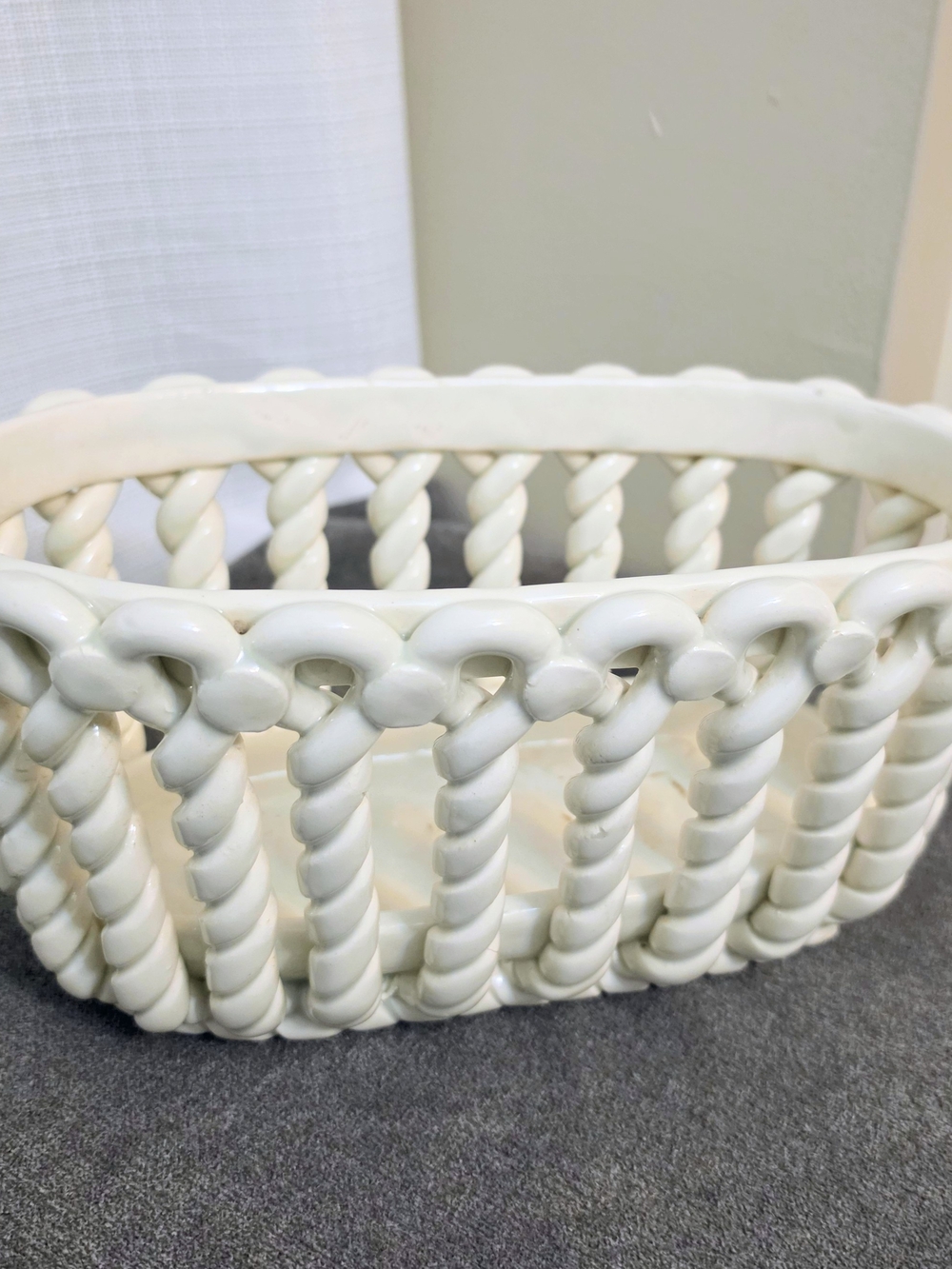 Porcelain Floral Basket Open Cable Centerpiece Cottage Country Farm Spain